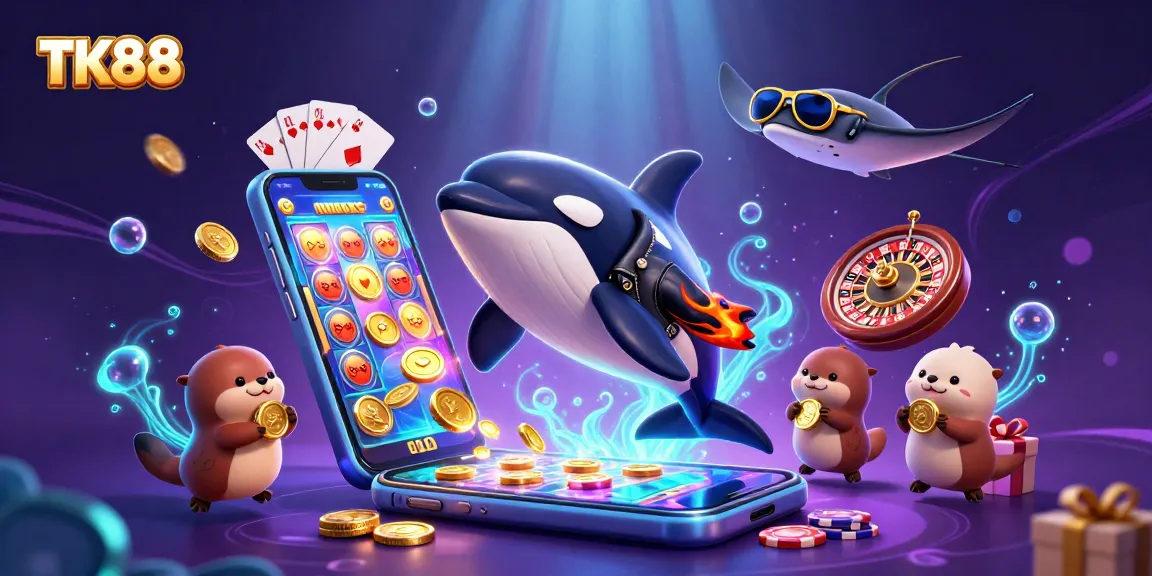 TK88 features an orca whale and sea otters in a vibrant casino-themed underwater scene.