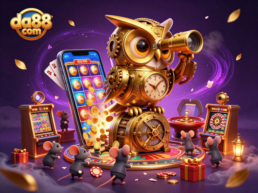 Experience the allure of da88 com with a vibrant 3D casino scene featuring a golden owl and lively gaming elements.