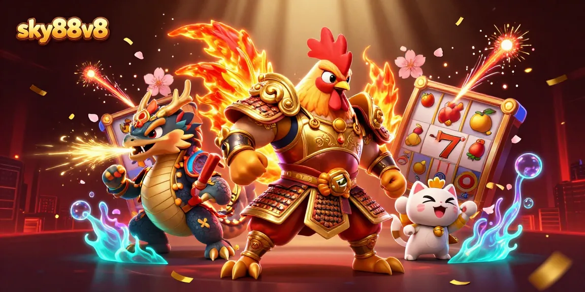 Spin the reels of sky88v8 with a dynamic casino illustration showcasing exciting gaming elements.