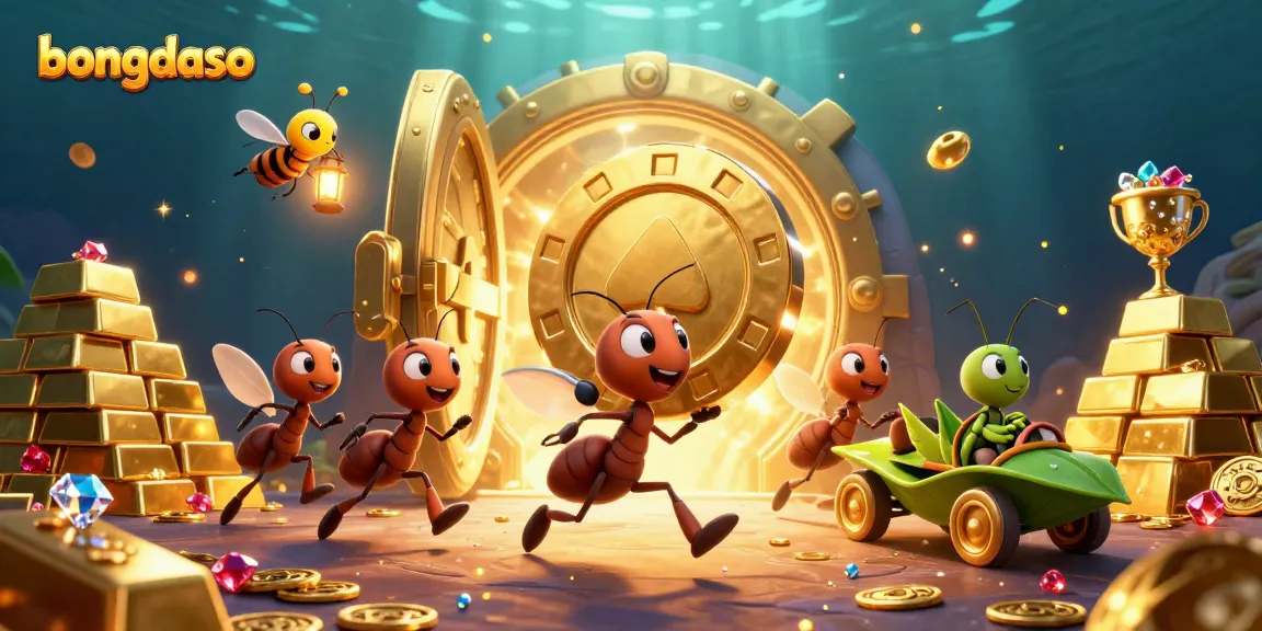 bongdaso inspires excitement as cartoon ants race with a giant poker chip and treasure in a vibrant casino adventure.