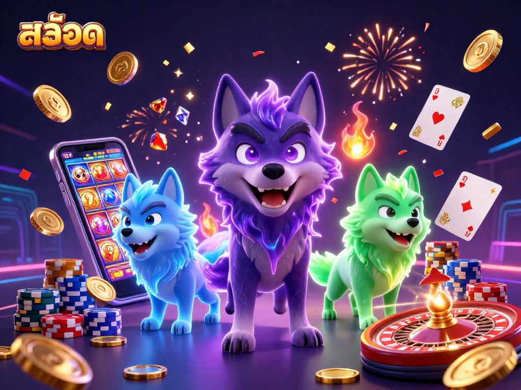 Experience thrilling สล็อต gameplay with our energetic wolves and casino elements illustration.