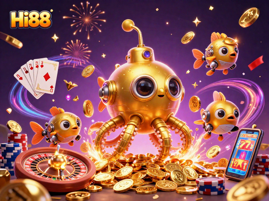 Win big at Hi88 with the kraken submarine and treasure in this casino illustration.