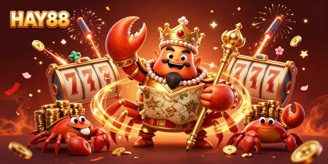 Experience HAY88's thrilling slots with a golden crab emperor and festive casino elements.
