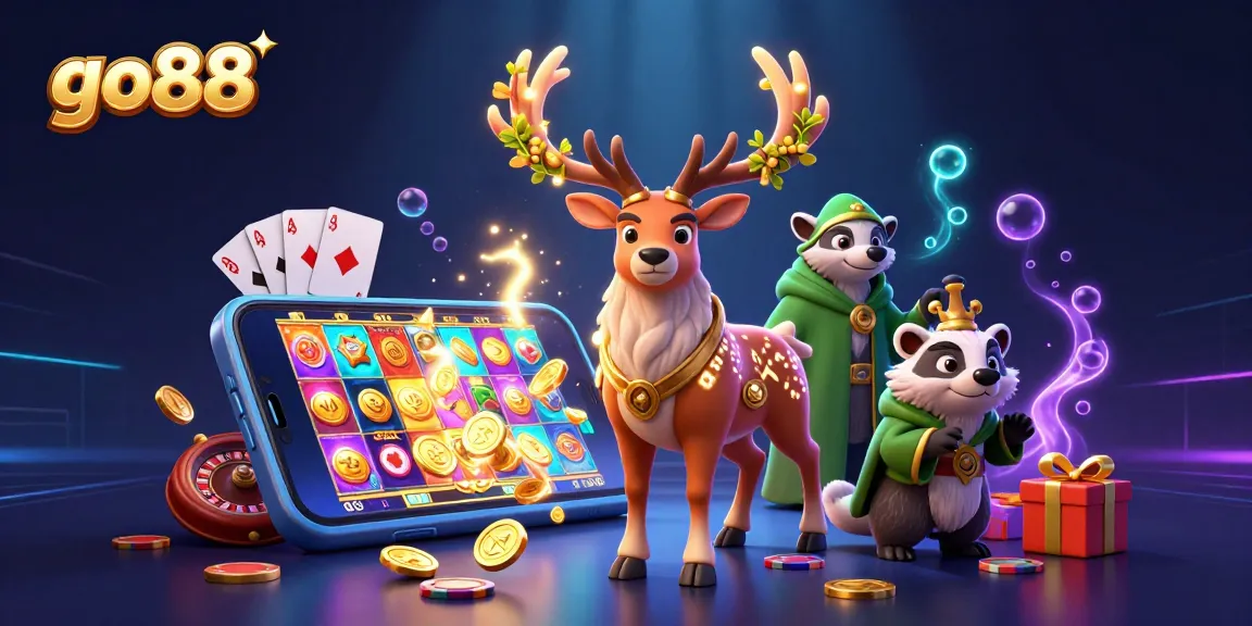 Experience the thrilling games at go88 with cartoon characters and vibrant casino elements.