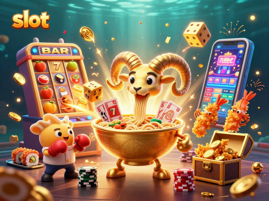 Engage in thrilling slot action with a vibrant cartoon scene featuring colorful slots and casino characters.