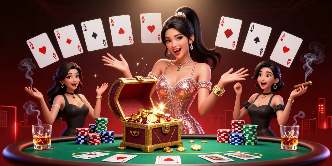 Bigbet88 showcases an excited woman presenting treasure, immersed in a vibrant casino scene.