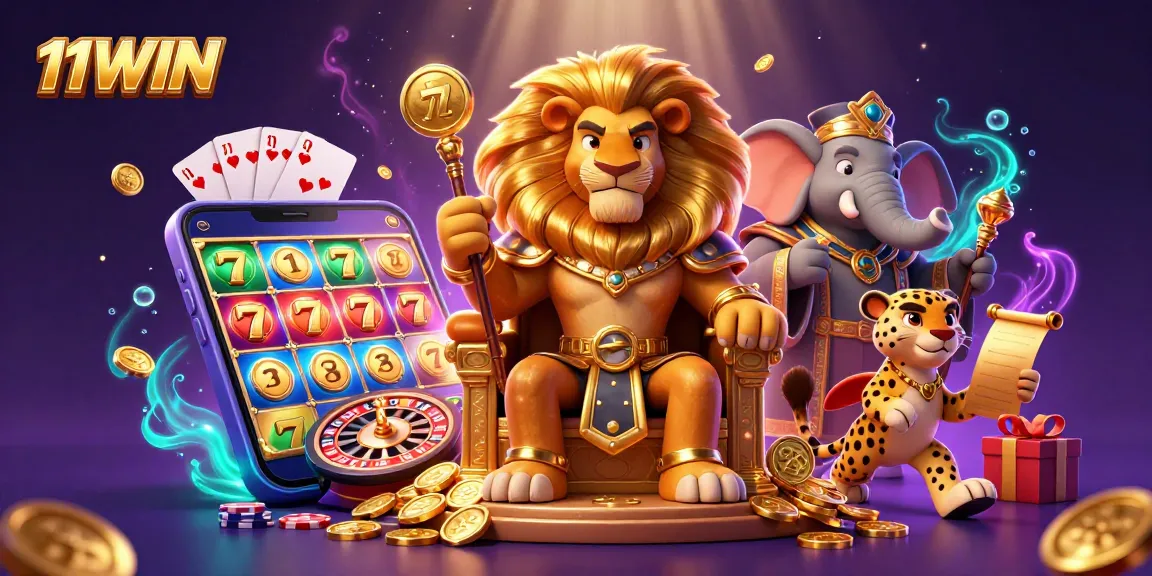 Experience 11WIN's vibrant gaming scene with a fierce lion king, wise elephant, and speedy cheetah in a slot game extravaganza.