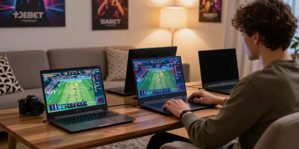 Engaging scene of online betting activities at https://debet.gb.net/ with vibrant graphics and a cozy atmosphere.