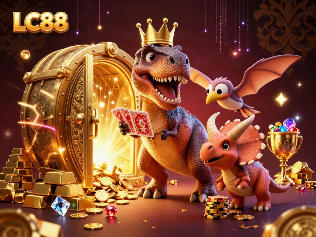 Engage with the vibrant LC88 casino scene featuring a playful T-Rex and triceratops amidst treasures.