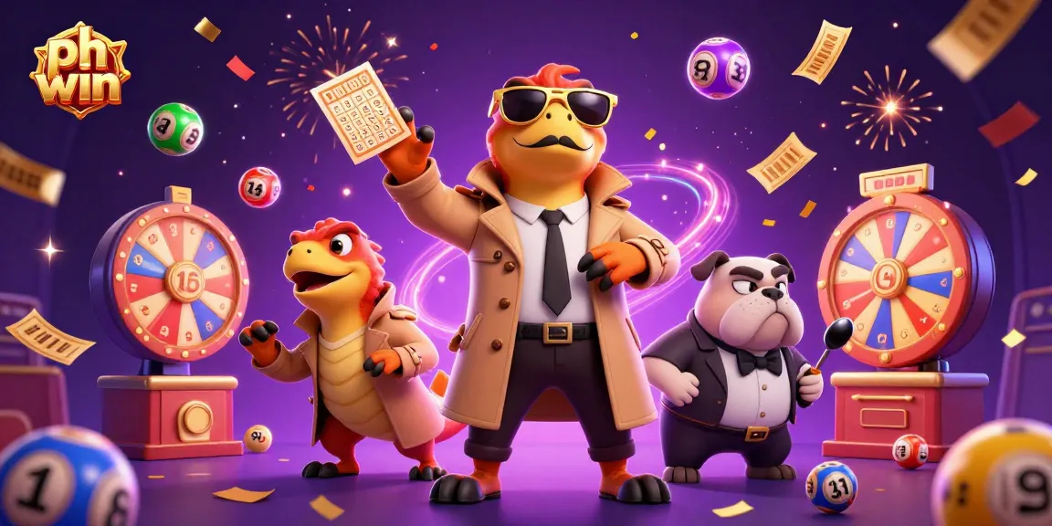 Experience ph win excitement with three raptors in disguise surrounded by vibrant lottery elements in a casino scene.