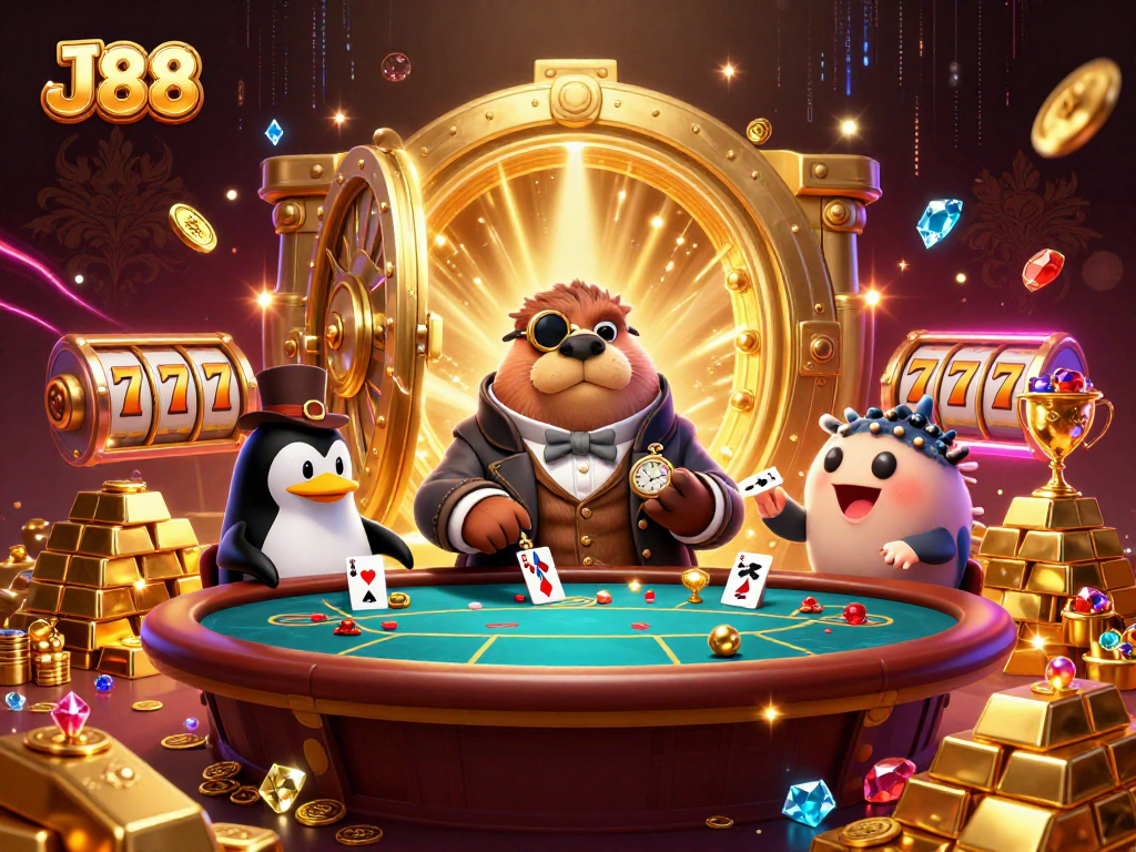 Engage with J88's lively casino scene featuring a jolly walrus and sophisticated dealer.