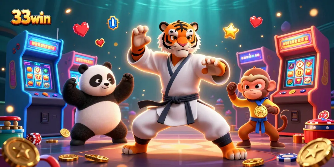 Experience thrilling gaming moments with 33win’s vibrant 3D illustration showcasing kung fu masters and casino elements.