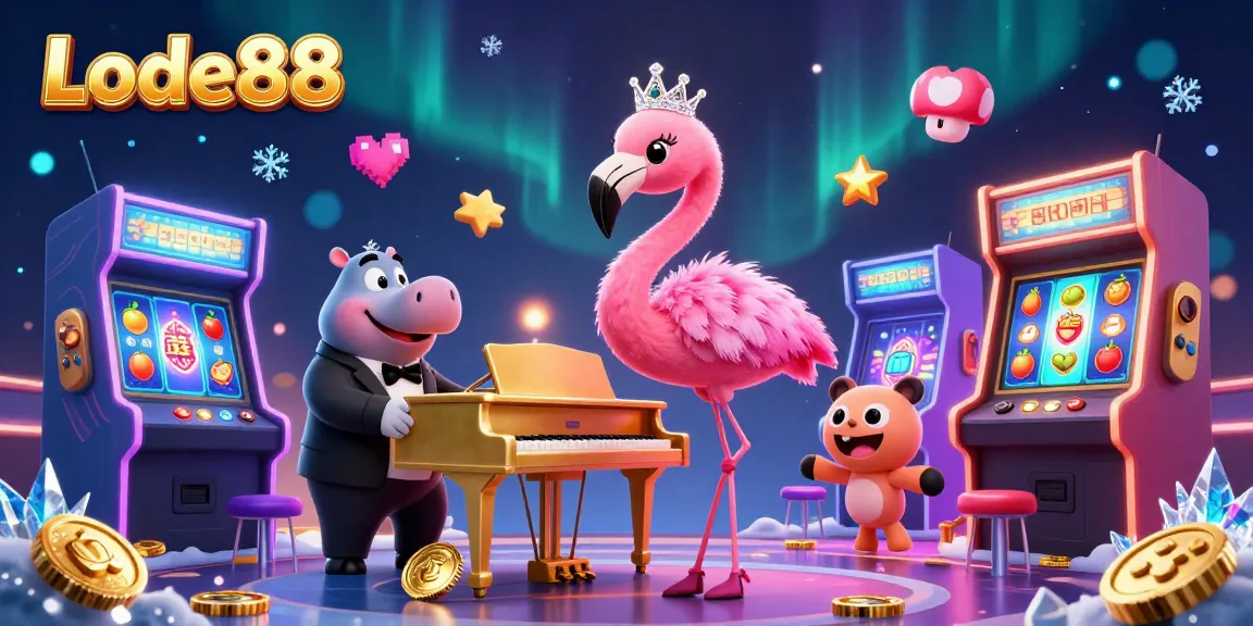 Lode88’s dynamic casino illustration with a flamingo singer and hippo bassist in a vibrant scene