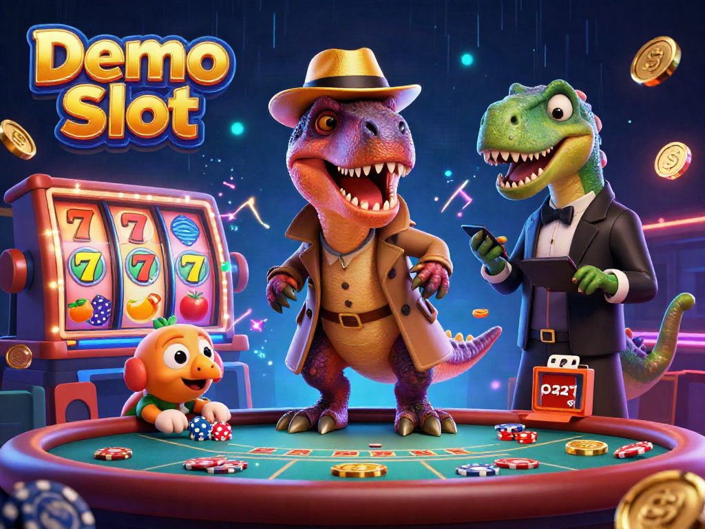 Play exciting Demo Slot games with a cartoon velociraptor at a vibrant casino