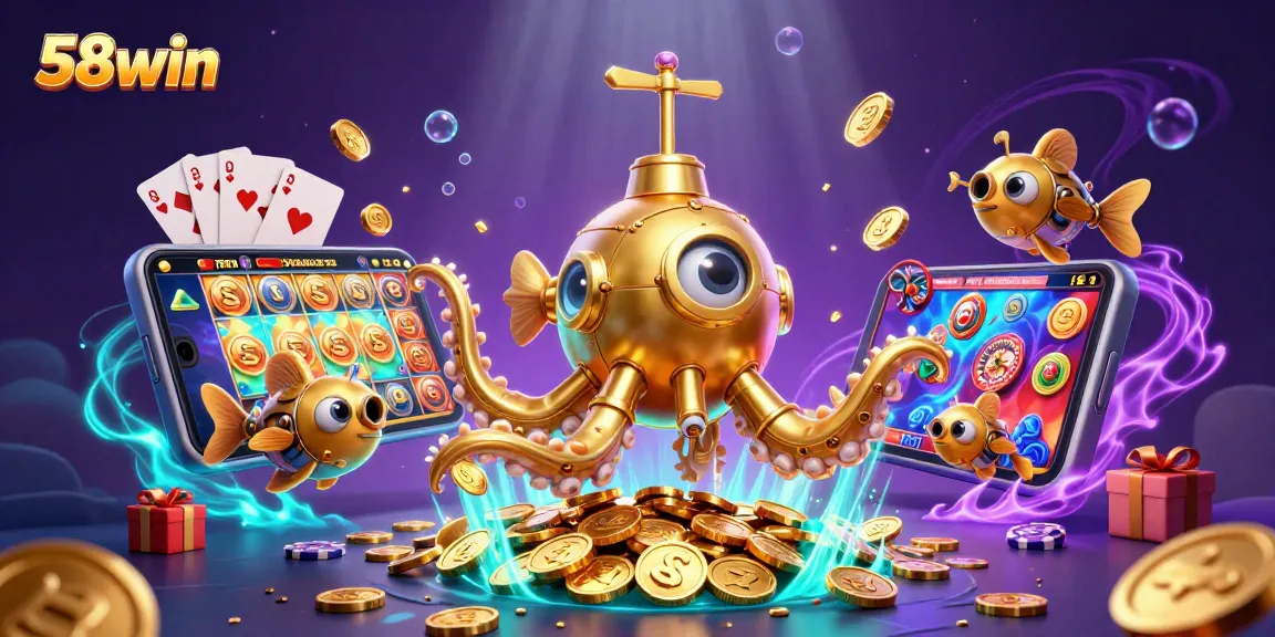 Play exciting games at 58win with a vibrant illustration of golden kraken and casino elements.