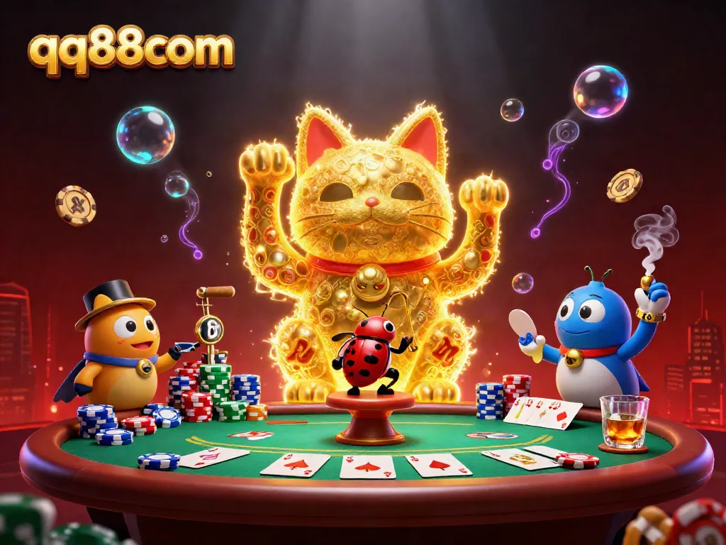 Experience thrilling gameplay with the qq88com lucky cat, surrounded by vibrant casino elements.
