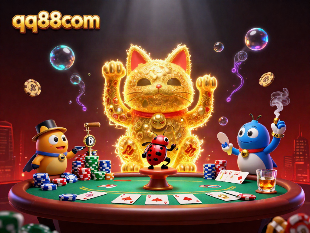 Experience thrilling gameplay with the qq88com lucky cat, surrounded by vibrant casino elements.