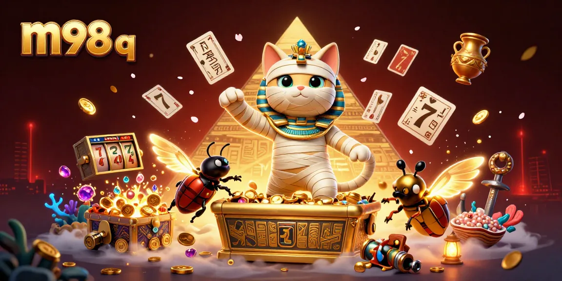 Win big with m98 q featuring a thrilling scene of a mummy cat and poker cards in a pyramid casino.