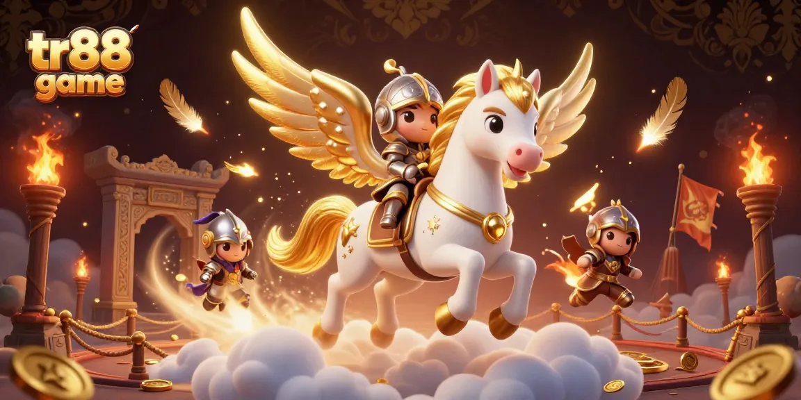 Witness the thrill of tr88 game as a celestial horse gallops through a vibrant casino world.