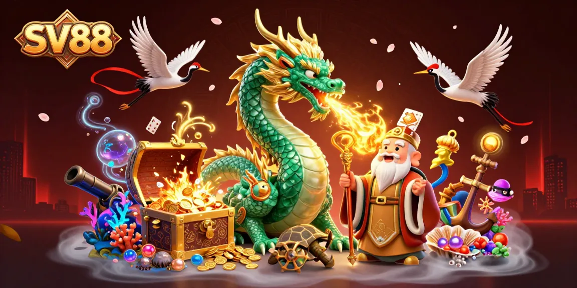 SV88 showcases an emerald jade dragon amid vibrant casino elements, celebrating gaming excitement.