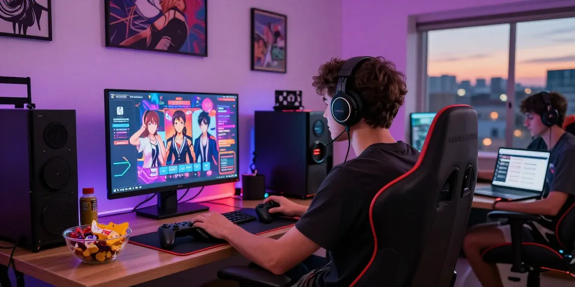 Enjoying online ecchi games in a vibrant gaming lounge filled with colorful lights and memorabilia.