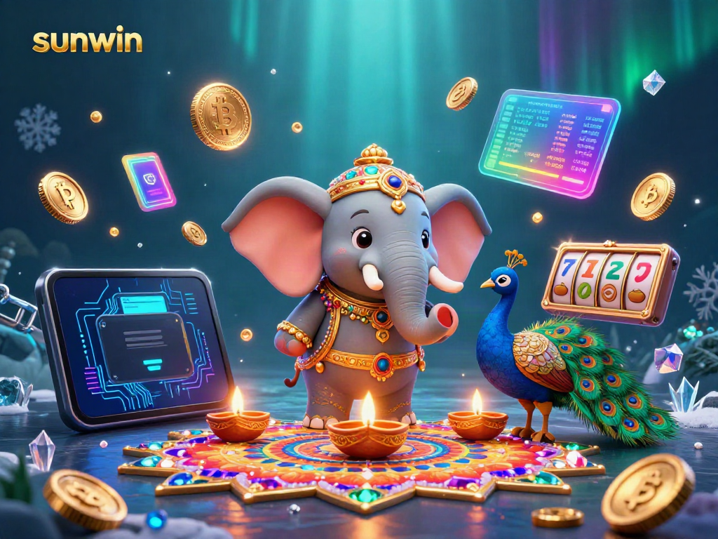 Play dynamic casino games with sunwin's vibrant 3D visuals, featuring an elephant and peacock amidst floating gold coins.
