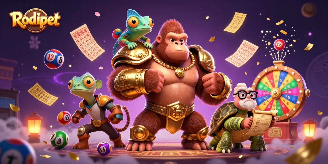 Rodipet captures jackpot with vibrant lottery balls and festive gaming elements.