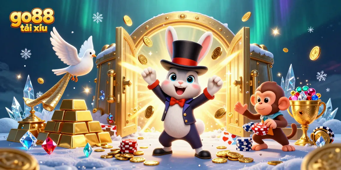 Play go88 tài xỉu with a whimsical magician rabbit, assistant dove, and monkey amidst falling gold coins.