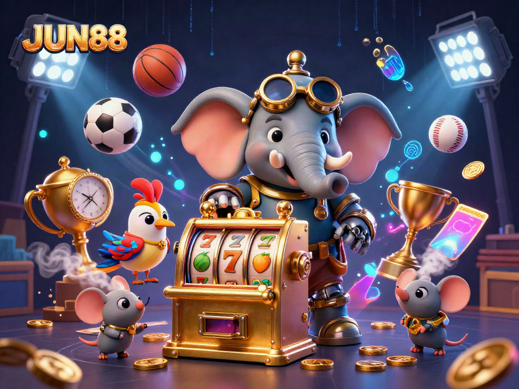 Explore exciting gaming with JUN88 in a colorful 3D casino scene filled with dynamic elements.