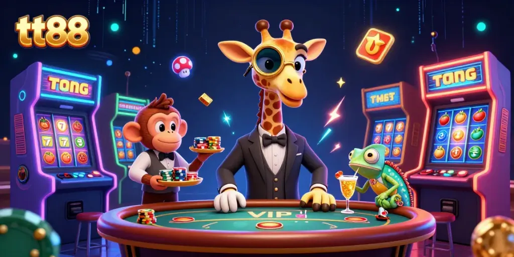 Experience the excitement of tt88 with a high-roller giraffe at a vibrant poker table