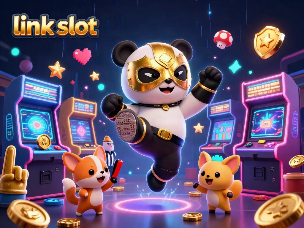 Experience the excitement of link slot gaming with a dynamic illustration of a panda wrestler and chihuahua referee.