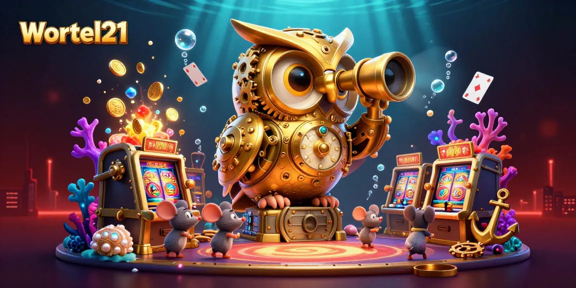Wortel21 captures excitement with a clockwork owl and lively casino scene.