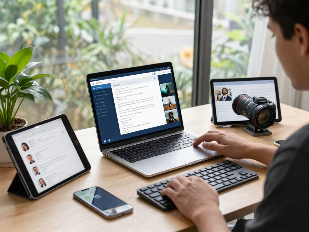 Using ToDesk software, a user connects multiple devices in a contemporary home office setup.