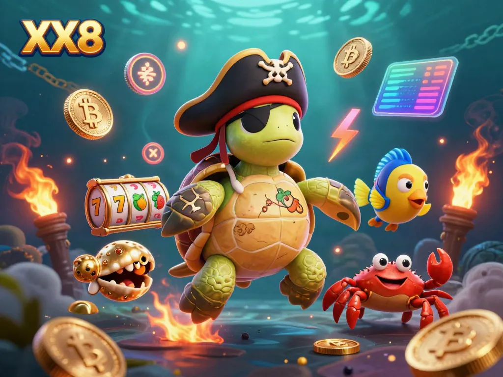 Experience the thrill of gambling with XX8 as a vibrant casino scene features a pirate turtle, hermit crab, and parrotfish among slot symbols.
