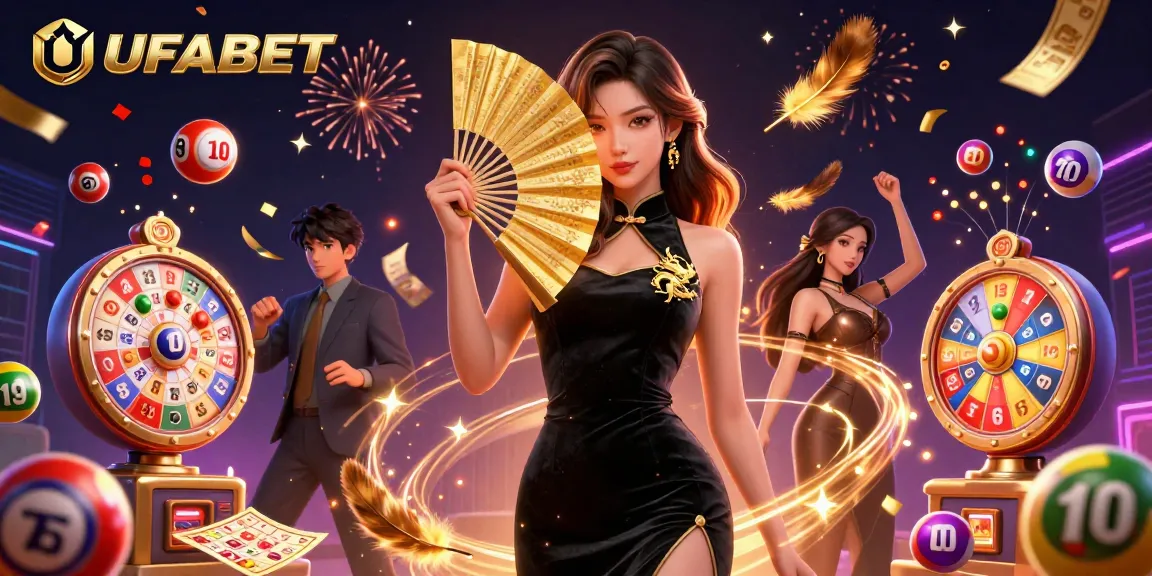 Experience the excitement of UFABET with vibrant lottery elements and captivating characters in a thrilling casino scene.