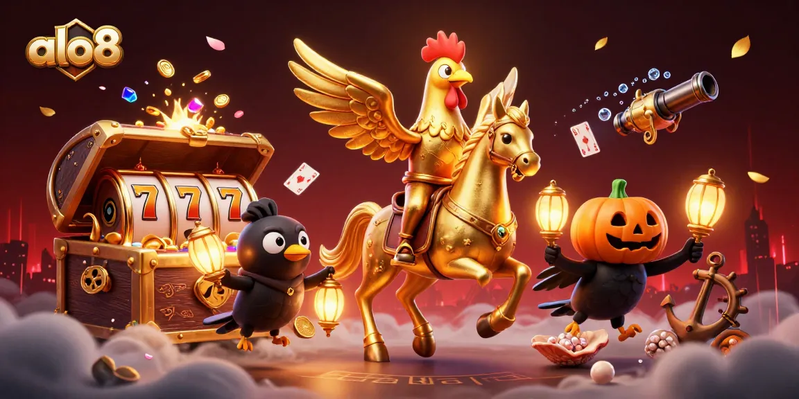 Play exciting games at alo8, featuring a golden rooster and treasure-filled casino scene.