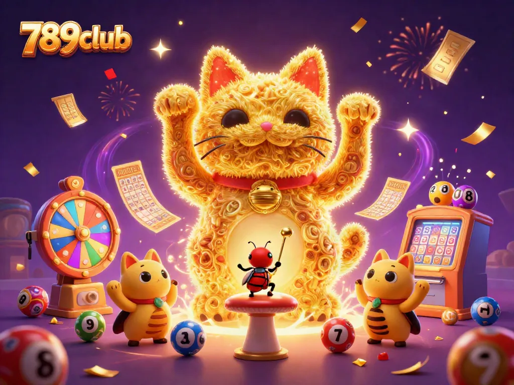 Engage in the fun and magic of 789club with vibrant casino gaming elements and a lucky cat mascot.