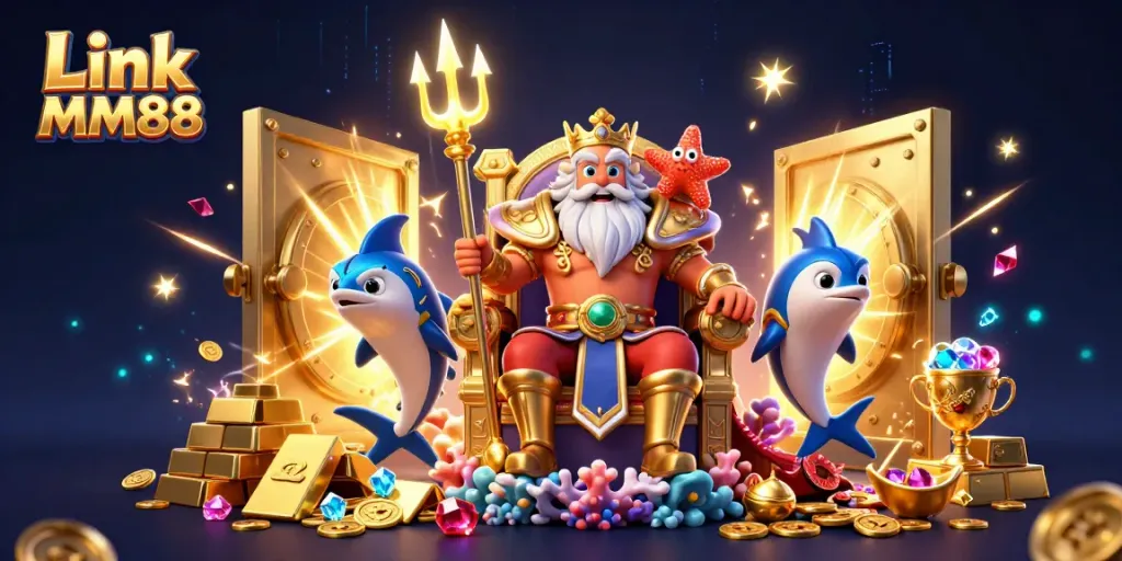 Experience the excitement of winning at Link MM88 casino with vibrant 3D characters and dazzling treasures.
