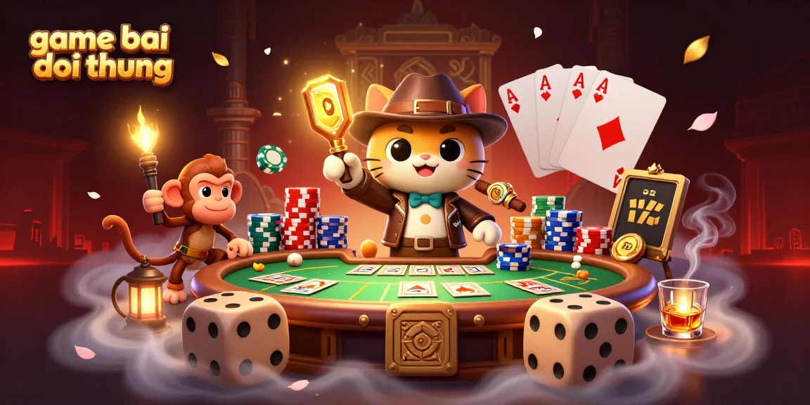 Experience game bai doi thuong with a cartoon explorer discovering treasures in a vibrant casino scene.