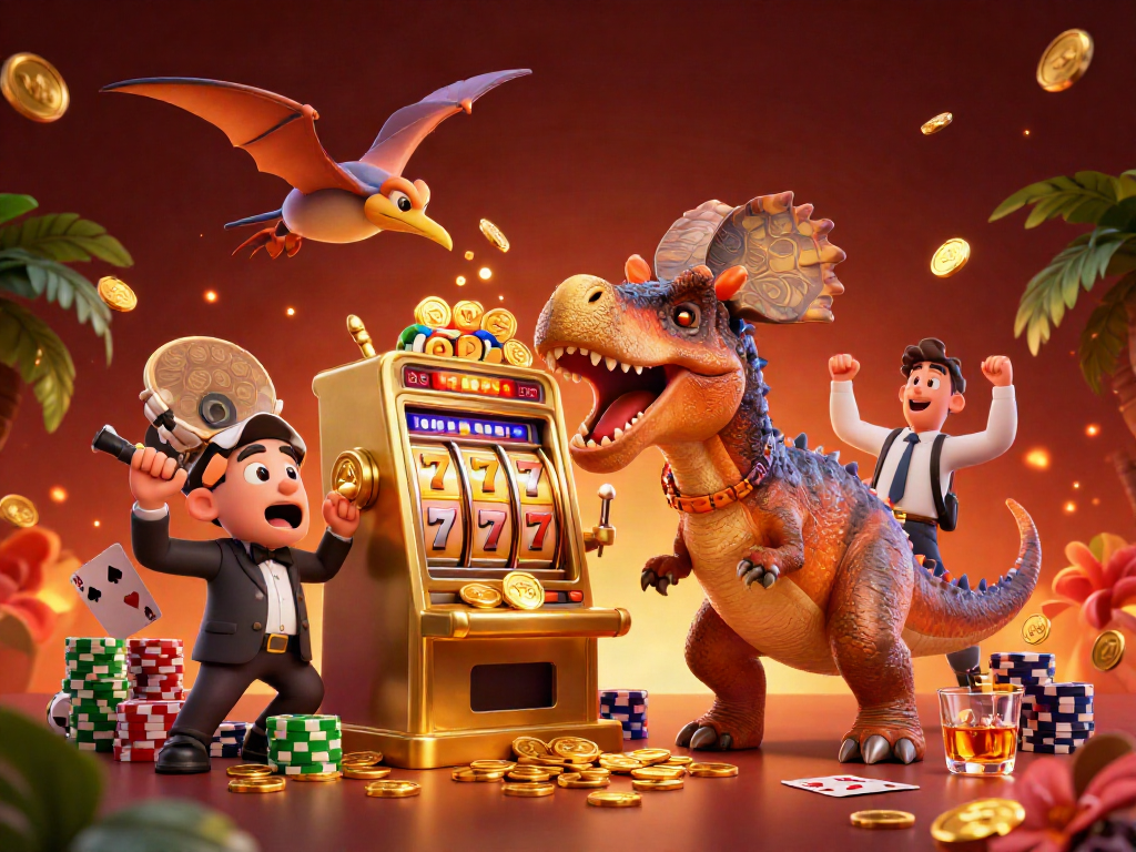 LLWIN features a vibrant casino scene with a pachycephalosaurus winning a jackpot, creating excitement.