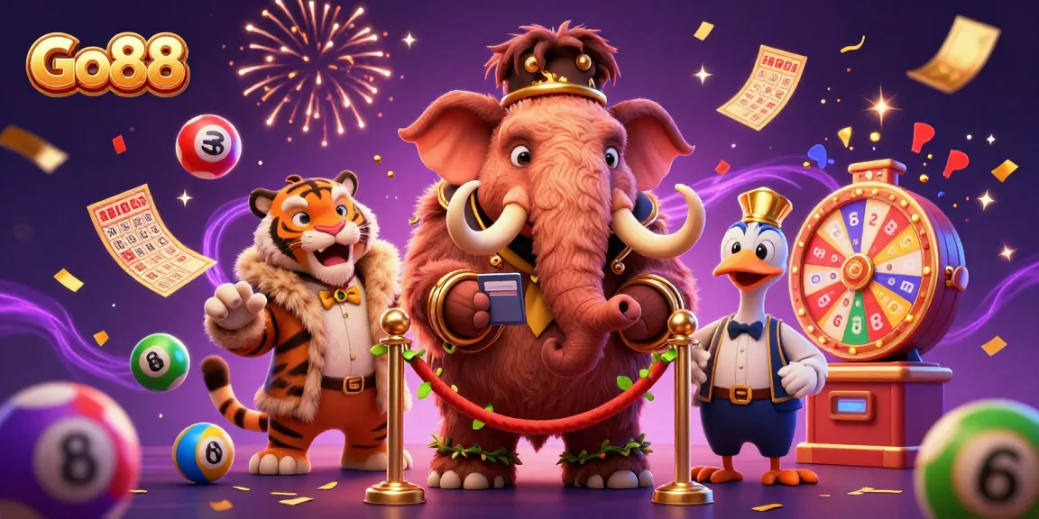 Go88 casino bouncer, saber-tooth VIP, and dodo doorman in a vibrant, fun atmosphere.