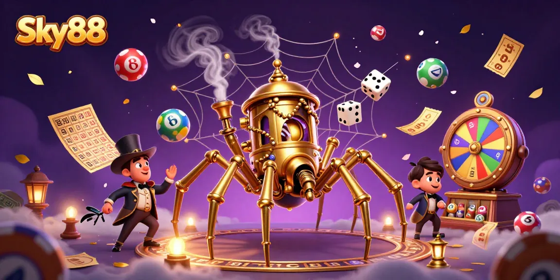 Engage with Sky88's thrilling casino action amidst golden chains, animated prizes, and steampunk characters.