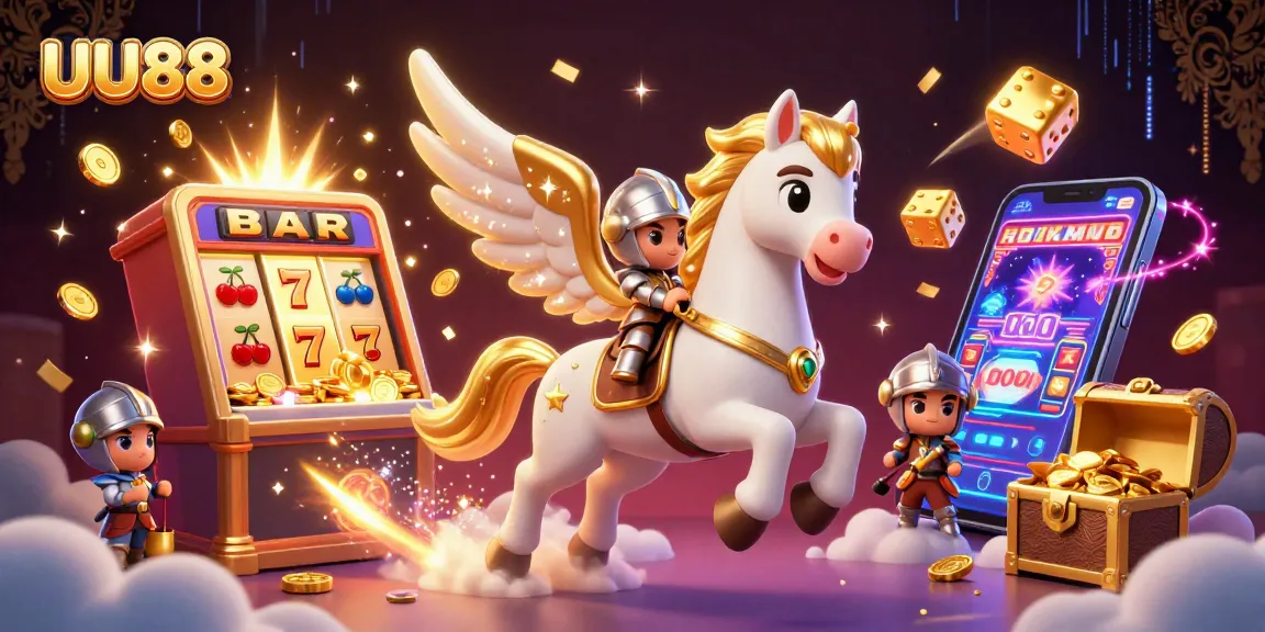Experience the excitement of UU88 with a dynamic 3D illustration of enchanting characters and vibrant casino elements.