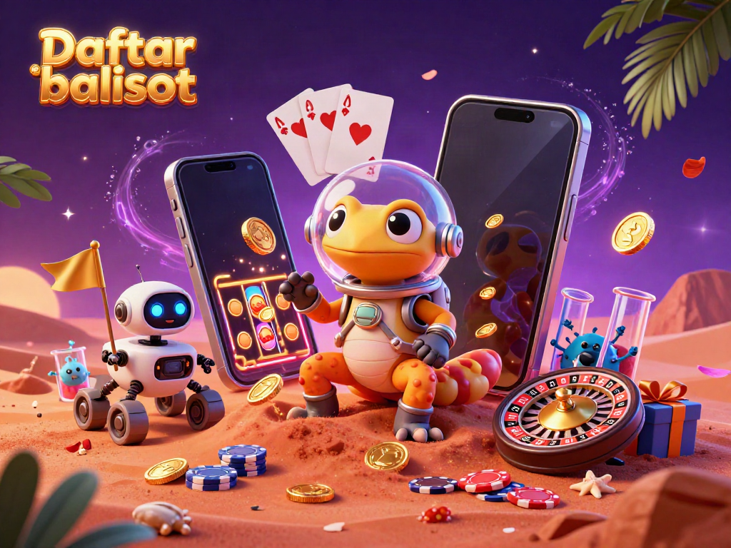 Join the excitement of Daftar balisot with a colorful slot game experience as aliens cheer on a Martian gecko in a golden casino.