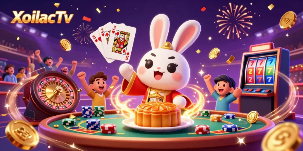 XoilacTv engages viewers with sports betting excitement, golden mooncakes, and vibrant casino elements.