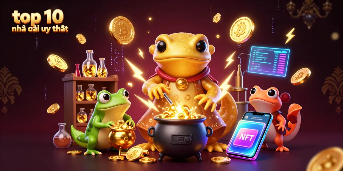 Engage with the top 10 nhà cái uy tín through a vibrant 3D casino scene showcasing gold transmutation and crypto elements.
