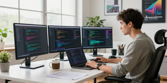 Instant indexing in a modern workspace with a programmer coding.