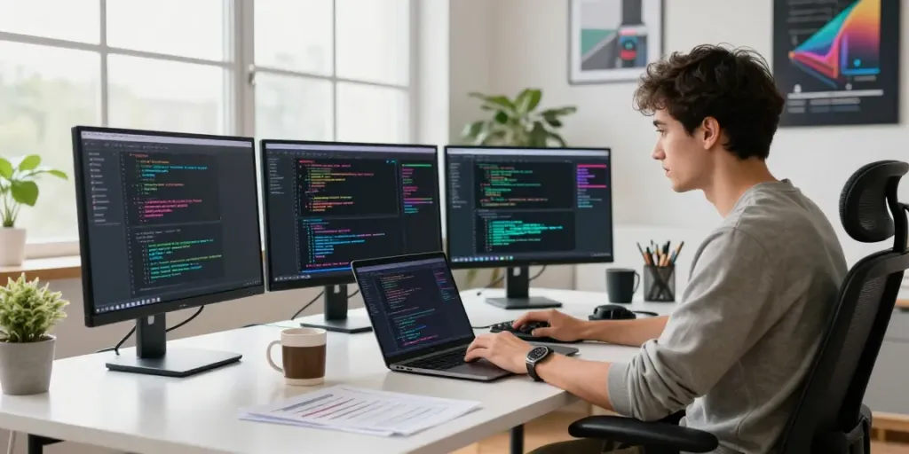 Instant indexing in a modern workspace with a programmer coding.