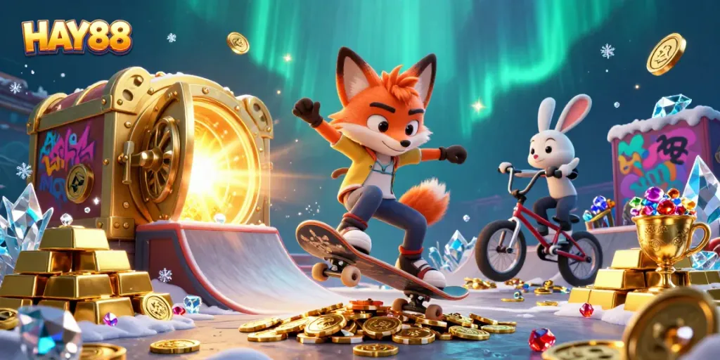 Experience HAY88 with thrilling casino adventures in a vibrant 3D cartoon illustration.