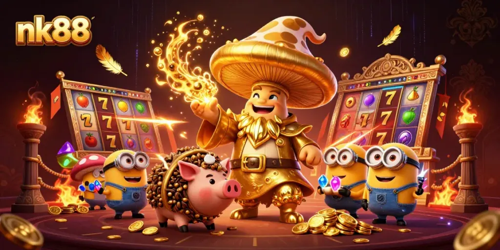 Spin to win big with nk88 slot features showcasing golden wizard and treasure